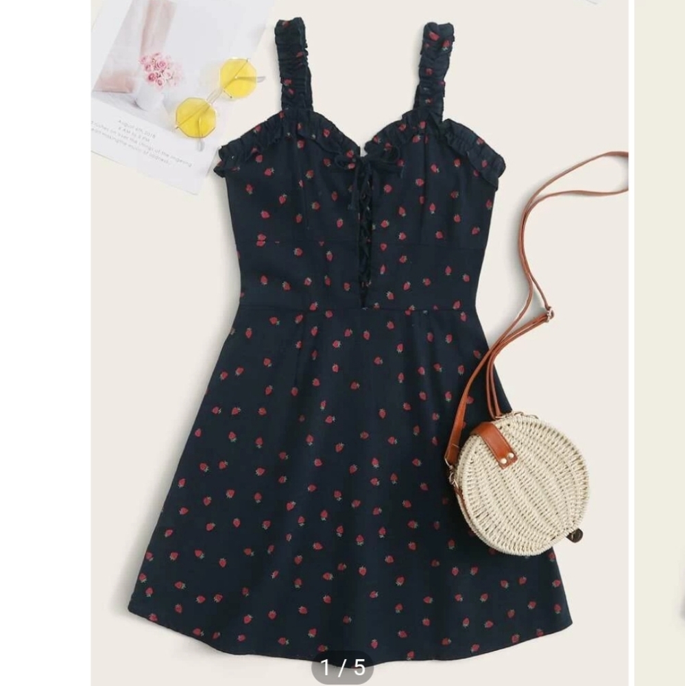 Shein Strawberry Print Frill Ruffle Trim Lace-Up Cami Dress S